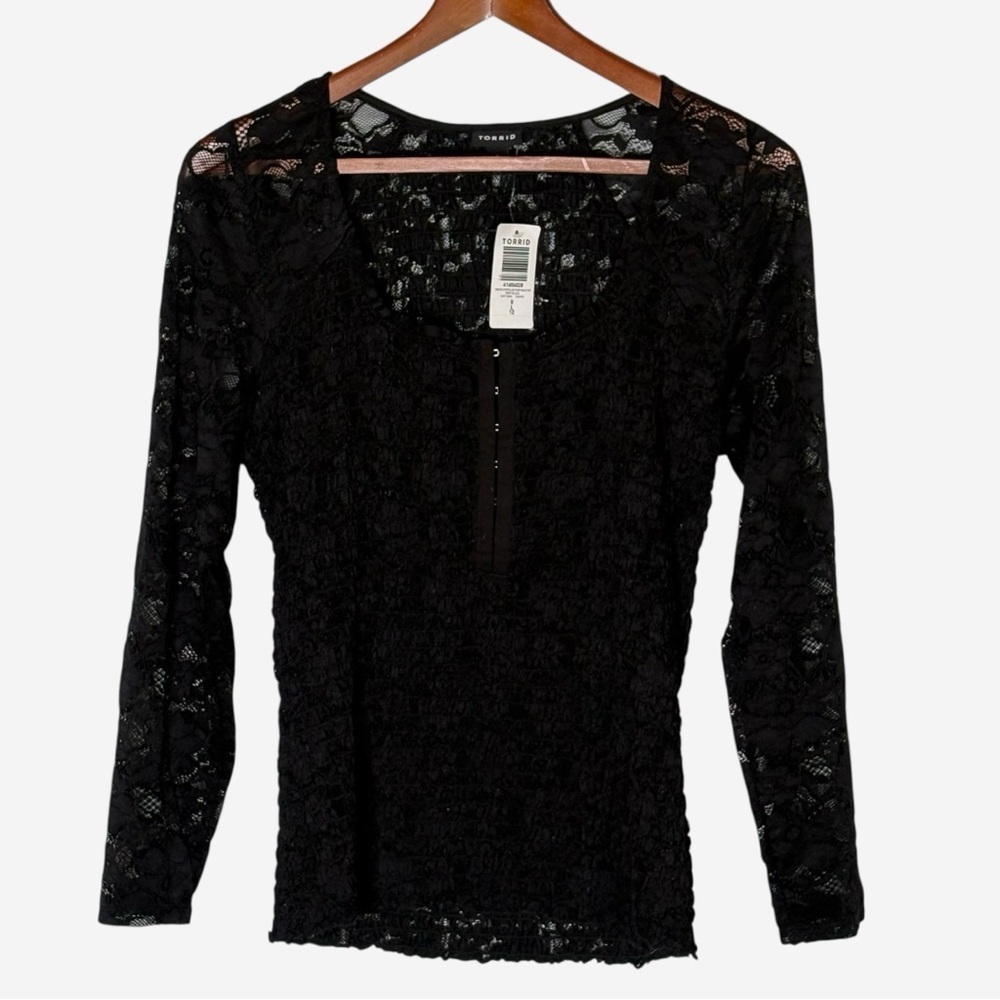 NWT Torrid Smocked Stretch Lace Scoop Henley Top Black L Sheer Whimsigoth